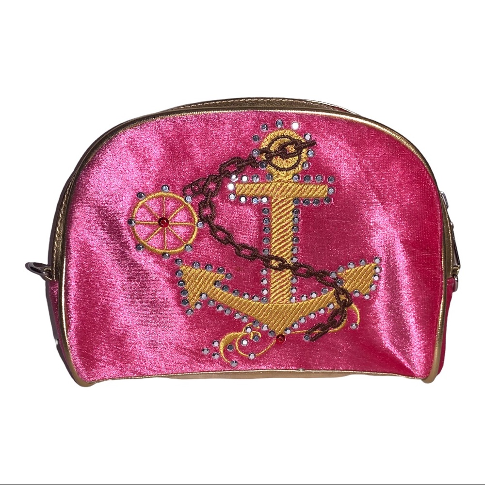 NWOT Anchors Away Gold Metallic Plush Pink Faux Velvet  Gem Studded Makeup Bag